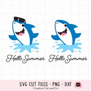Shark SVG PNG - Happy Shark with Sunglasses Jumping Out of Water Clipart, Hello Summer, Beach Vacation Illustration, Cricut Cut File, DXF