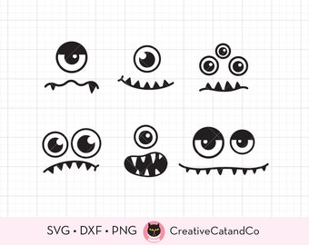 Cute Halloween Monster Face Eyes Svg, Png, Funny Monsters with Fangs, Children Halloween, Kid, Baby Monsters Line Art Drawing, Svg Cut Files