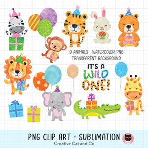 Clipart de acuarela de fiesta de animales salvajes, fiesta de cumpleaños, clip art PNG de sublimación, tigre, león, elefante, jirafa, oso, cebra, mono, globo