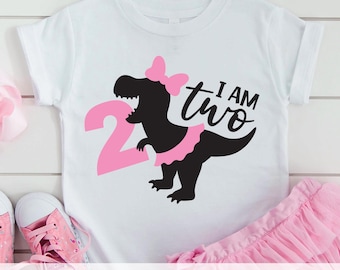 Girl's 2nd Birthday Dinosaur SVG PNG - Cute T-Rex with Pink Bow & Tutu Clipart, "I am Two" Design, Cricut Cut File, DXF