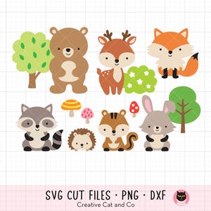 Bosdieren SVG PNG-clipart - babybosset met vos, hert, beer, konijn, eekhoorn, wasbeer, egel, decor kwekerij Cricut gesneden bestand