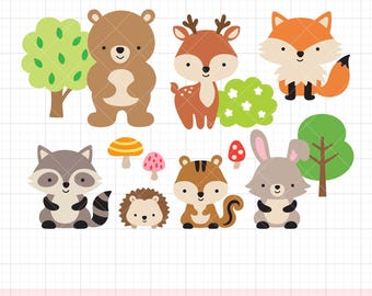 Forest Animals SVG PNG DXF Clipart | Chubby Baby Fox, Deer, Bear, Rabbit, Squirrel, Raccoon and Hedgehog | Nursery Art Cut Files