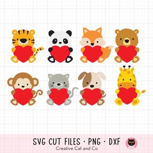 Saint-Valentin animaux Svg, animaux tenant un coeur, amour, Svg, Png, clipart, bébé tigre renard ours singe chat chien panda girafe, fichiers coupés