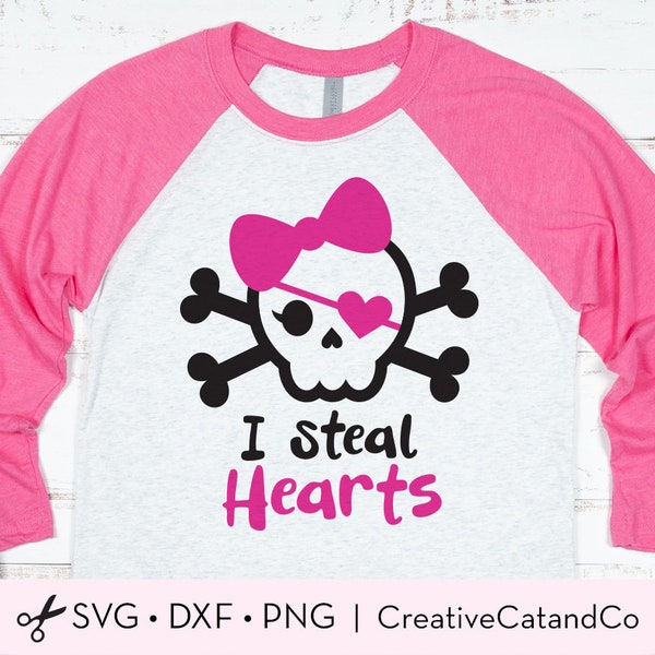 Cute Skull with Bow SVG Girl Valentine Pirate Skull with Bone I Steal Hearts Valentine’s Day Clipart Svg Dxf Png Cut Files for Cricut