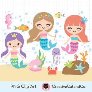 Kleine zeemeermin PNG-clipart, schattige zeemeermin prinses cartoon, onderwaterscène, zeester, vis, zeepaardje, kwallen, kinderillustratie