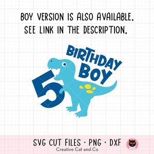 K&ouml;nnte beinhalten: Blaue Dinosaurier-Grafik mit dem Text "Birthday Boy" und der Zahl "5" in Blau. Der Text "SVG Cut Files - PNG - DXF" und "Creative Cat and Co" ist ebenfalls enthalten.