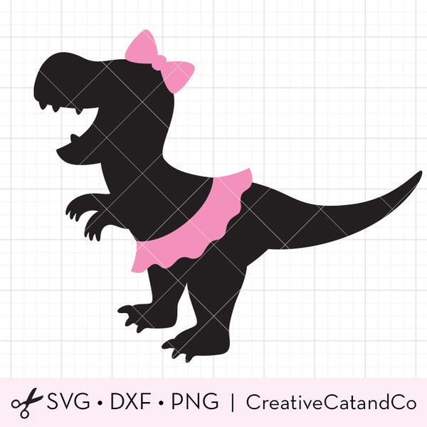 Dinosaur Wearing Tutu Skirt SVG DXF Cute Baby Girl Ballerina Dinosaur Silhouette with Pink Bow and Tutu Skirt svg dxf Clipart