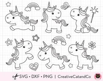 Unicorn Coloring SVG Clip art Baby unicorn Outline Line Art for Kid Birthday Party Coloring Activity Digital Stamp Svg Dxf Png Clipart