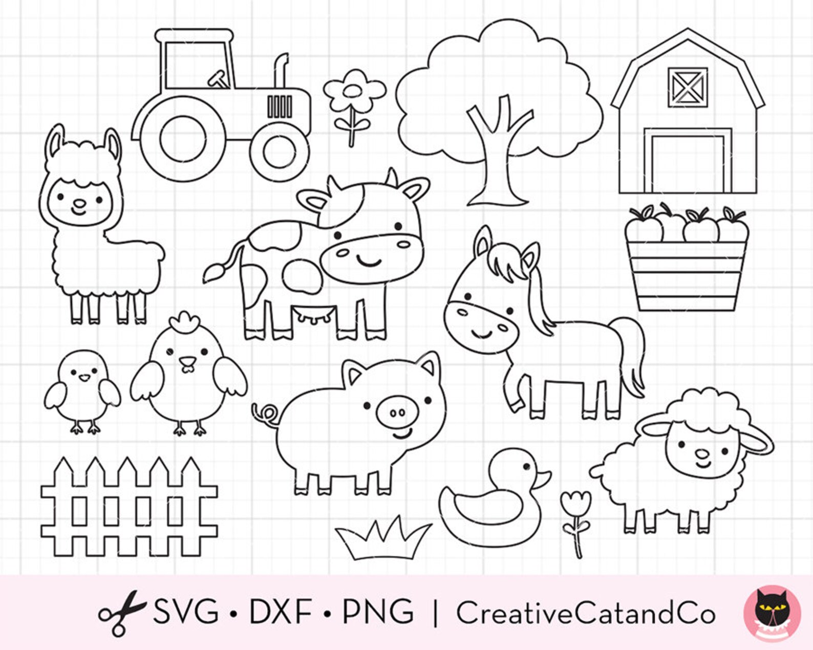 Farm Animal Coloring Outline SVG DXF Cow Horse Sheep Llama - Etsy UK