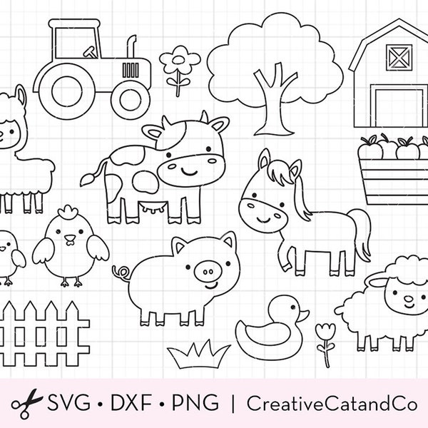 Farm Animals Outline SVG Clipart Cow Pig Llama Farm Animal Birthday Party Kid Coloring Activity Svg Dxf Cut files for Cricut Clip Art