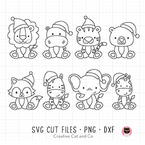 Weihnachten Tiere Umriss SVG, Png, Kind Färbung Clipart, skizziert niedliche Tiere mit Weihnachtsmütze, SVG, Png, Bundle-Set, digitaler Stempel