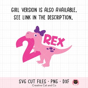 May include: Pink dinosaur holding a pink number two with the word "REX" in purple letters. The dinosaur has a purple bow on its head. The image is on a white background with a pink grid pattern.
