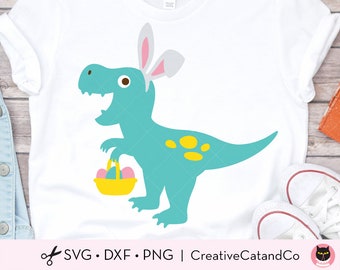 Easter Bunny Dinosaur SVG Easter Egg Hunt Dinosaur with Bunny Ears Kid Funny Easter Bunnysaurus T Shirt Design Svg Dxf Cut Files for Cricut