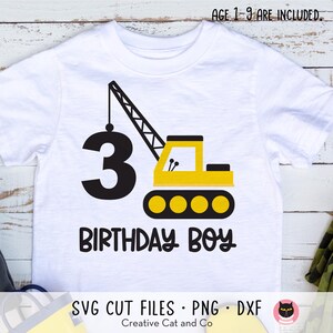 May include: A white t-shirt with a black number 3 and a yellow construction crane graphic. The text "Birthday Boy" is written below the graphic. The text "AGE 1-9 ARE INCLUDED" is at the top of the image.