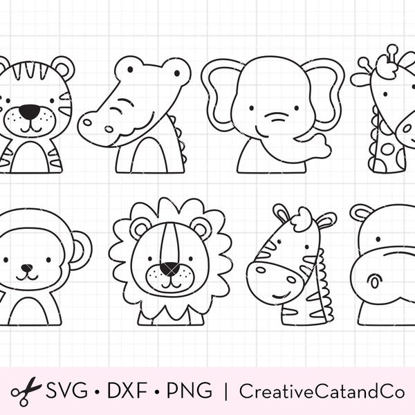 Visages d’animaux soulignés Coloration SVG, Têtes d’animaux, Activité de fête de coloriage d’enfants, Coloriage d’animaux de jungle, Timbre numérique, Svg Dxf Png Clipart
