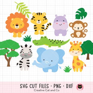 Safari Jungle Animals SVG PNG Clipart Bundle - Cute Tiger, Lion, Zebra, Giraffe, Hippo, Monkey, Elephant, Crocodile, Nursery Decor, Cut File