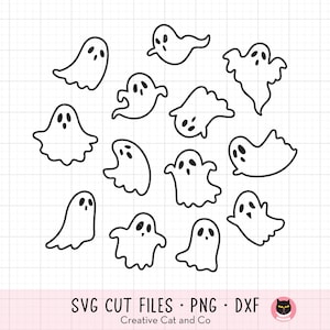 May include: A collection of twelve black and white ghost illustrations arranged on a grid background. The ghosts feature various expressions and shapes. The text at the bottom reads SVG CUT FILES PNG DXF Creative Cat and Co.