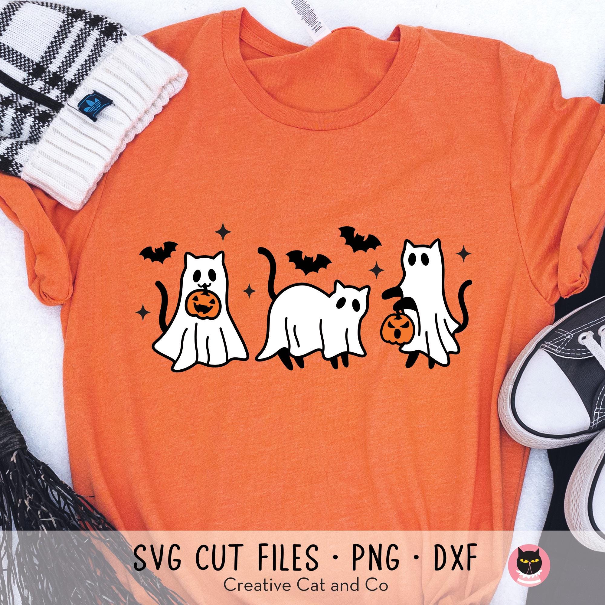 Halloween Cat Ghost SVG PNG DXF Clip Art | Cute Ghost Cat With Pumpkins ...