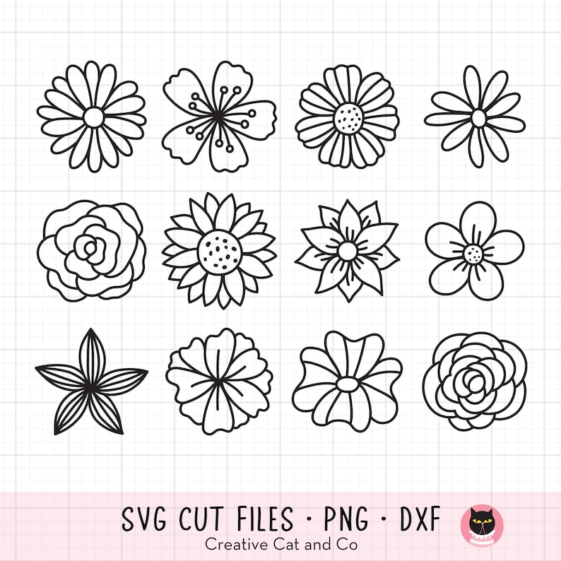Puede incluir: Conjunto de 12 archivos de corte SVG de contorno de flores en blanco y negro. Las flores incluyen una margarita, una rosa, un girasol y m&aacute;s.