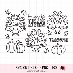 May include: Black and white line art Thanksgiving clip art set featuring turkeys and pumpkins. The text "Happy Thanks Giving" and "Thankful" are included.