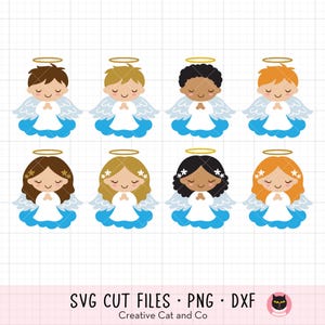 Boy Girl Angels SVG PNG Baptism Christening Invitation Announcment Praying Little Kid Boy and Girl Angels on Cloud Svg Dxf Cut Files Clipart