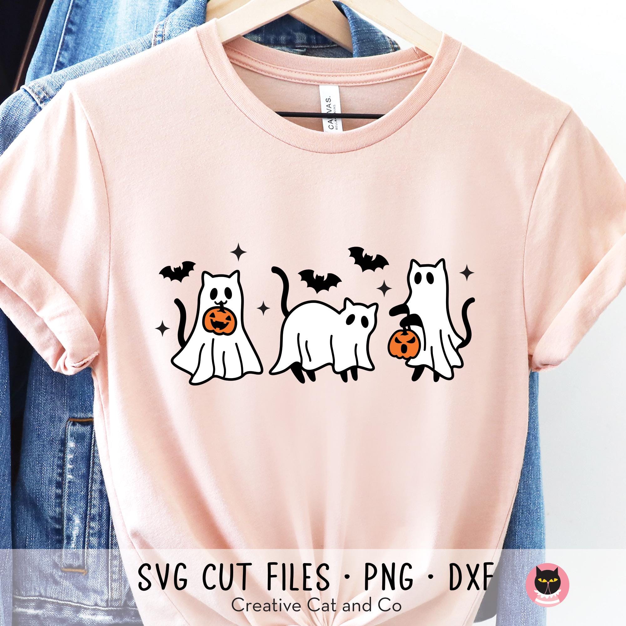 Halloween Cat Ghost SVG PNG DXF Clip Art | Cute Ghost Cat With Pumpkins ...