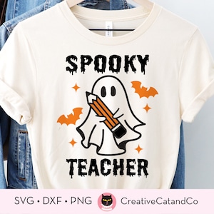 Professor assustador de Halloween Svg, fantasma fofo com lápis, design de camisa de Halloween do professor, fantasma de folha, Svg, Dxf, Png, arquivos cortados