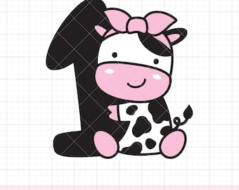 Girl Cow with Number One Svg, Png, First Birthday Cow, Baby Girl 1st Birthday, Cow with Bow, Farm Theme, Svg, Png, Cut File, Sublimation