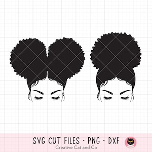 黒いアフロヘアのお団子ガール SVG PNG、アフロヘアのアフリカ系アメリカ人女性のクリップアート、長いまつげのかわいい顔、シルエット画像、カットファイル