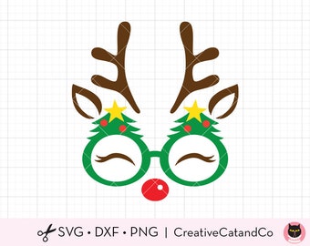 Reindeer Face with Christmas Glasses SVG DXF Cute Funny Holidays Reindeer Face Wearing Christmas Tree Glasses svg dxf Cut files Clipart