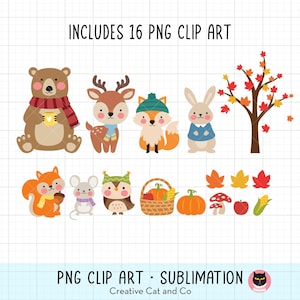 Chubby Fall Woodland Animals PNG Clipart | Cute Bear, Deer, Fox, Squirrel, Rabbit, Mouse and Owl with Pumpkins and Leaves | Autumn Crafts image 2