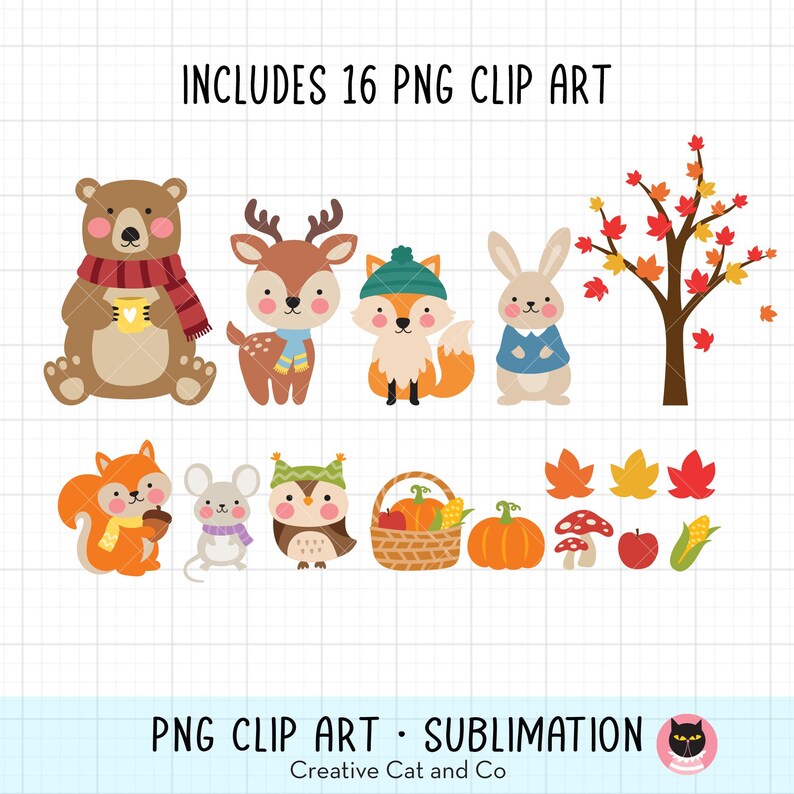 Chubby Fall Woodland Animals PNG Clipart | Cute Bear, Deer, Fox, Squirrel, Rabbit, Mouse and Owl with Pumpkins and Leaves | Autumn Crafts image 2