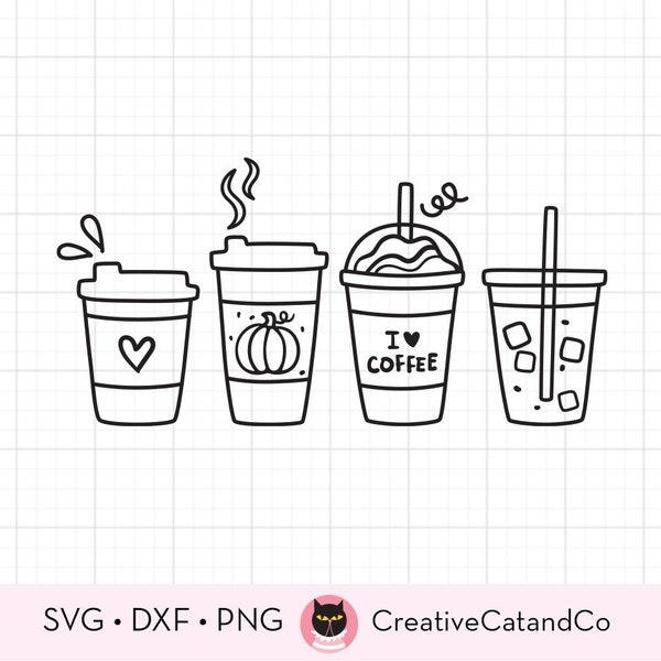 Coffee To Go SVG Hot Iced Coffee Lover Addict Pumpkin Spice Lattes Coffee Cup Doodle Svg Dxf Cut Files for Cricut and Silhouette Png Clipart