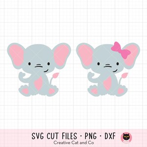 Baby Elefant SVG, PNG - süßer Junge und Mädchen Elefant mit Schleife Clipart, sitzender Elefant Cartoon, Kinderzimmer Dekor, Cricut, DXF geschnitten Datei