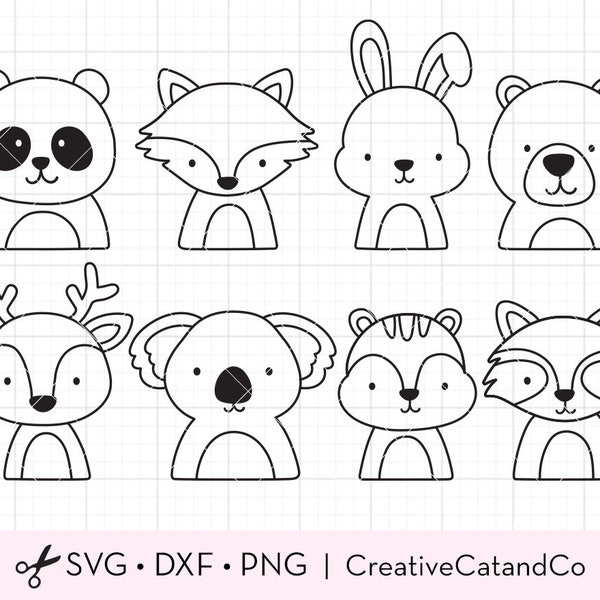 Outlined Woodland Animal Faces SVG, Animal Faces Coloring Clipart, Digital Stamp, Kid Coloring Clipart, Woodland Animal Heads, Svg Dxf Png
