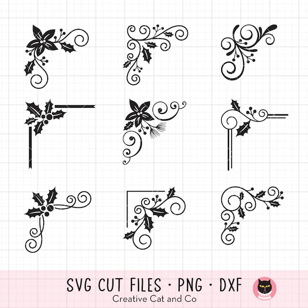 Marcos de esquina navideños SVG PNG DXF Clipart Bundle / Marcos festivos con flor de Pascua, acebo y bayas / Esquina de página / Archivo de corte Cricut