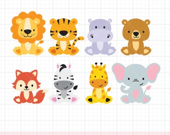 Baby Wild Animals SVG PNG DXF Clipart | Cute Sitting Tiger, Lion, Elephant, Hippo, Bear, Zebra, Giraffe, Fox | Cricut Cut Files