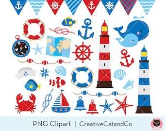 May include: A collection of nautical-themed clip art elements in red, white, and blue. Includes anchors, lighthouses, whales, starfish, life preservers, a compass, and a sailboat. The image also features decorative pennant banners.