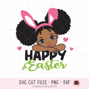 Black Girl Happy Easter SVG PNG, Little Black Girl met konijnenoren, Kid T-shirt Design, Cricut Cut-bestand, Sublimatie Clipart