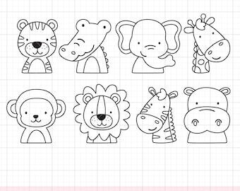 Animal Heads Faces Coloring SVG PNG, Jungle Animal Outline, Tiger Crocodile Giraffe Lion, Digital Stamp, Kid Coloring Svg Dxf Png Clipart