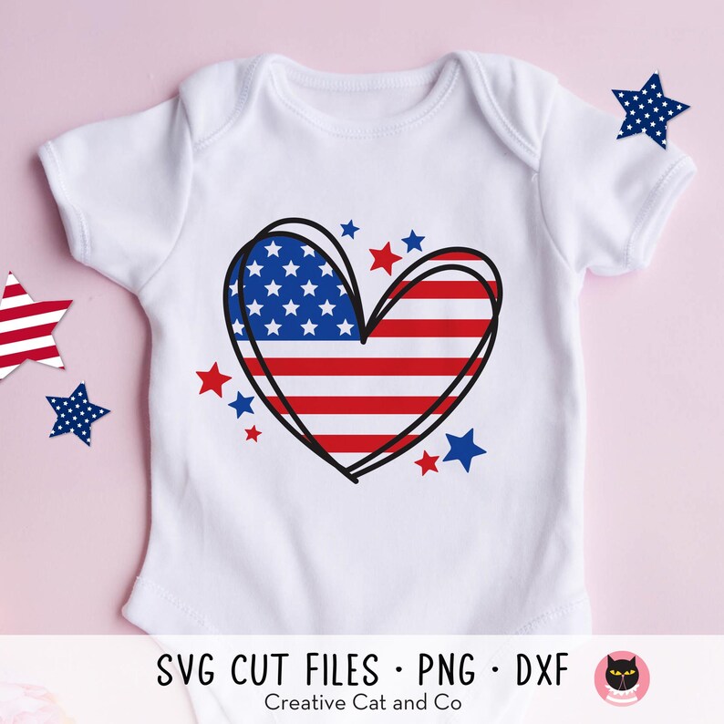May include: White baby onesie with a red, white, and blue heart-shaped American flag design. The heart is outlined in black and surrounded by small red, white, and blue stars.