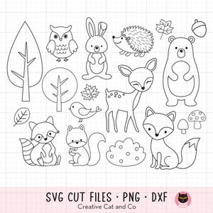 Woodland Animals Coloring SVG PNG Forest Animal Outline Digital Stamp Clipart Birthday Party Favor Kid Party Activity Dxf Cut Files Clipart