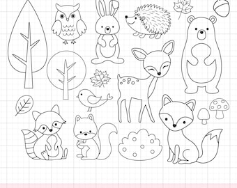 Animales del bosque para colorear SVG PNG Contorno de animal del bosque Sello digital Clipart Fiesta de cumpleaños Favor Fiesta infantil Actividad Archivos de corte DXF Clipart