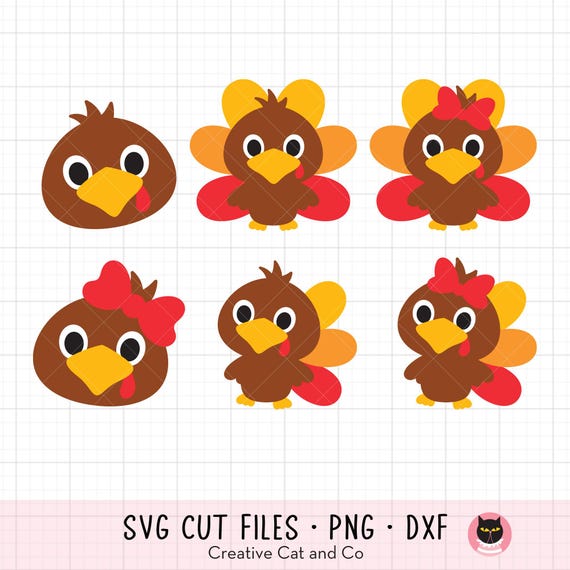 Cute Turkeys Svg Png Clipart, Little Baby Turkey, Boy Girl Turkey, Turkey Face with Bow, Thanksgiving Turkey, Kid Turkey Cut File Clipart