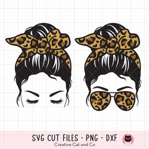 Messy Bun Leopard SVG, PNG, Messy Bun Leopard Glasses Bow Svg Png, Messy Bun Cheetah Print Svg Cut Files Png Sublimation