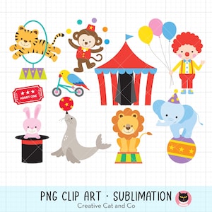 Paquete de imágenes prediseñadas de animales de circo, tigre, mono, elefante, león, payaso y carpa de circo, ilustración de dibujos animados para niños, alta resolución