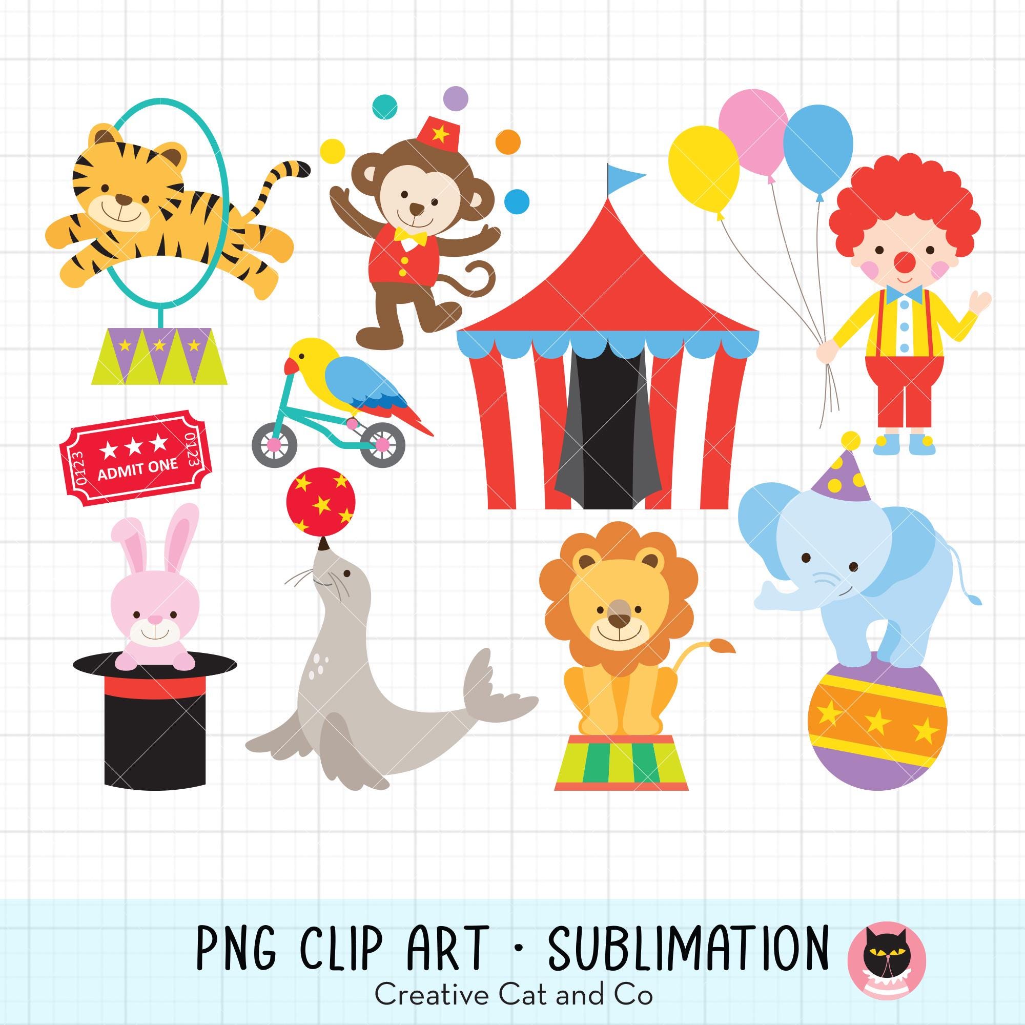Circus Animal PNG Clipart Bundle, Tiger, Monkey, Elephant, Lion, Clown & Circus Tent, Children’s Cartoon Illustration, High Resolution
