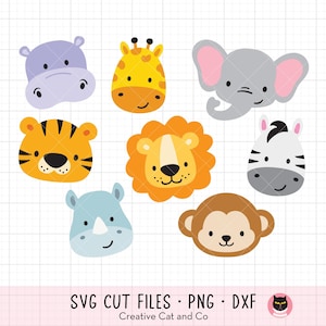May include: Set of 8 colorful animal head illustrations, including a giraffe, elephant, zebra, lion, tiger, hippopotamus, rhinoceros, and monkey. Each animal has a friendly expression and is drawn in a cartoon style.