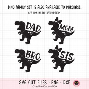 Pu&ograve; includere: Quattro disegni di dinosauri in silhouette nera con le parole "Pap&agrave;", "Mamma", "Fratello" e "Sorella" all'interno di ogni dinosauro. I disegni sono per un set familiare di file di taglio SVG, file PNG e file DXF.