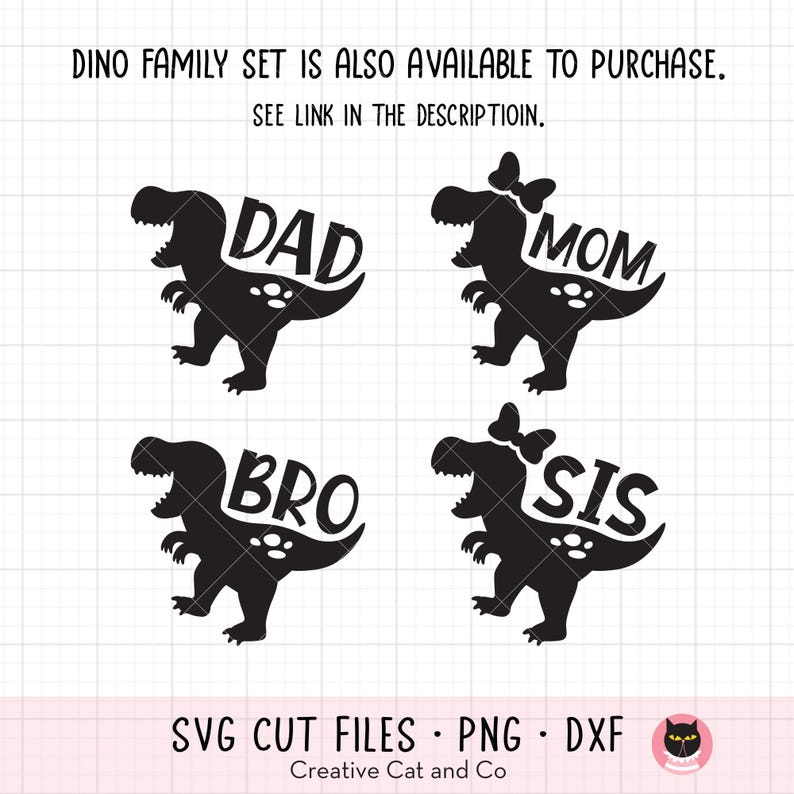Pu&ograve; includere: Quattro disegni di dinosauri in silhouette nera con le parole "Pap&agrave;", "Mamma", "Fratello" e "Sorella" all'interno di ogni dinosauro. I disegni sono per un set familiare di file di taglio SVG, file PNG e file DXF.